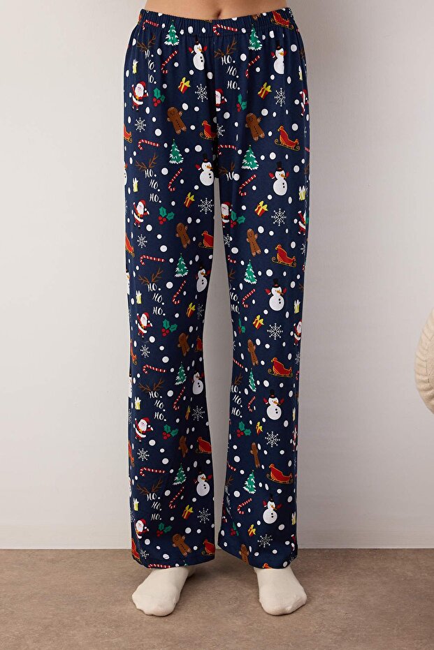 Lacivert %100 Pamuklu Yılbaşı Temalı Örme Pijama Takımı THMAW22PT1212 - 3