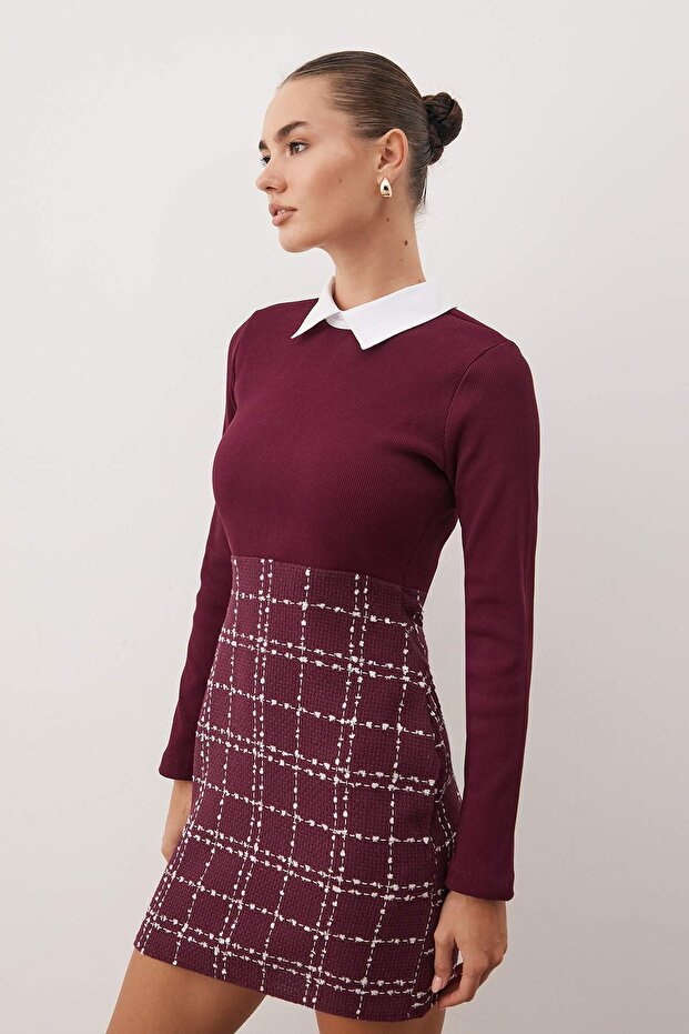 Bordo Ekose / Kareli Dokuma Elbise TWOAW21EL0454 - 2