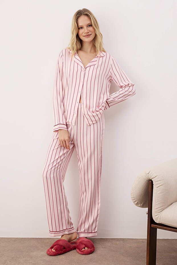 Pembe Çizgili Belmando Dokuma Pijama Takımı THMAW26PT00203 - 1