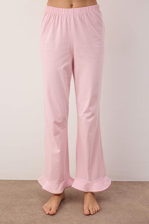 Pembe %100 Pamuklu Biyeli/Volanlı Örme Pijama Takımı THMAW26PT00161 - 3
