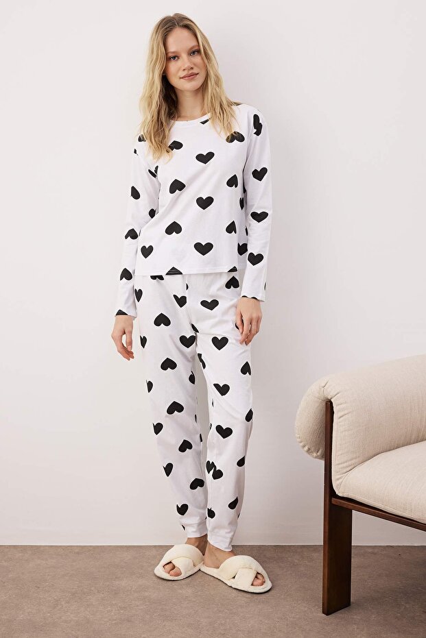 Schwarzes Strick-Pyjama-Set mit Herzmotiv – 100 % Baumwolle THMAW21PT0566 - 1
