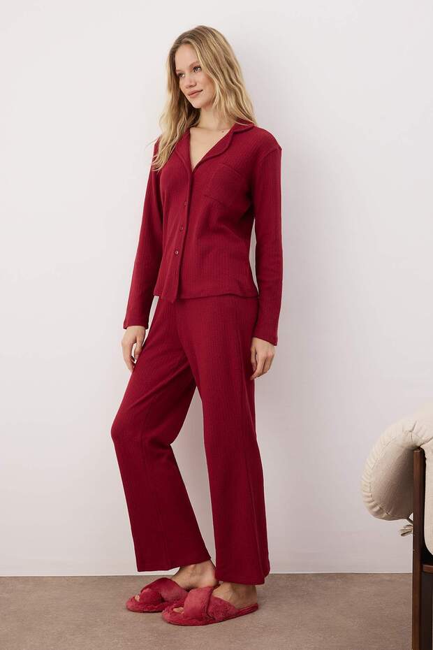 Bordo Cep Detaylı Fitilli Örme Pijama Takımı THMAW26PT00127