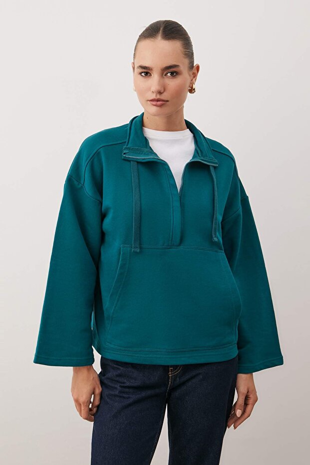 Petrol Stand Collar Zippered and Pocketed Relaxed/Casual Fit Knitted Sweatshirt Twoaw26Sw00187