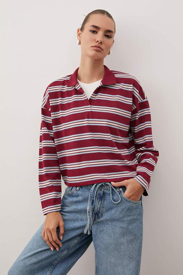 Bordo Çizgili Polo Yaka Oversize/Geniş Kalıp Örme T-Shirt TWOAW26TS00020 - 1