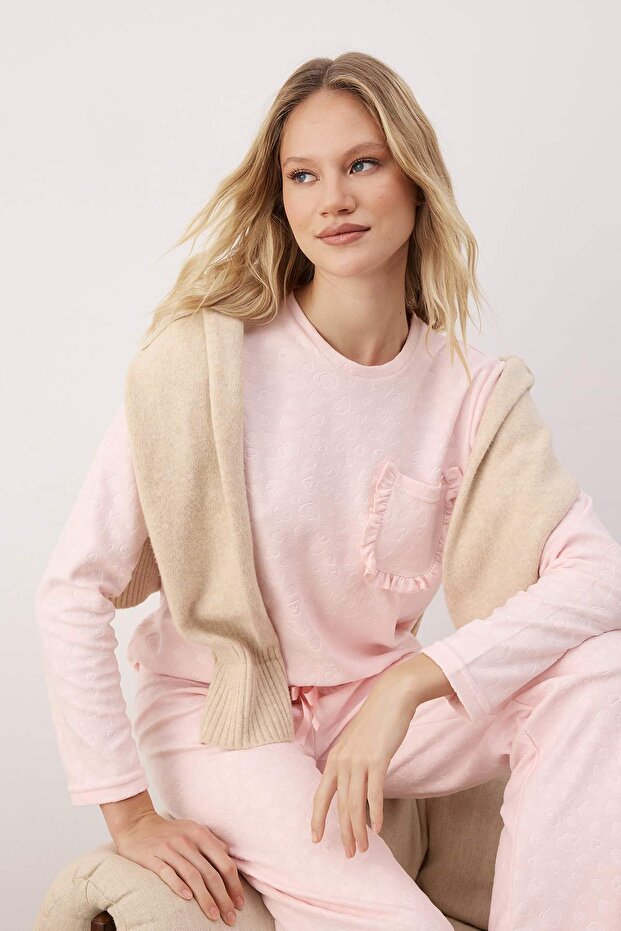 Pudra Kalp Desenli Fırfırlı ve Cepli Örme Pijama Takımı THMAW26PT00205 - 2