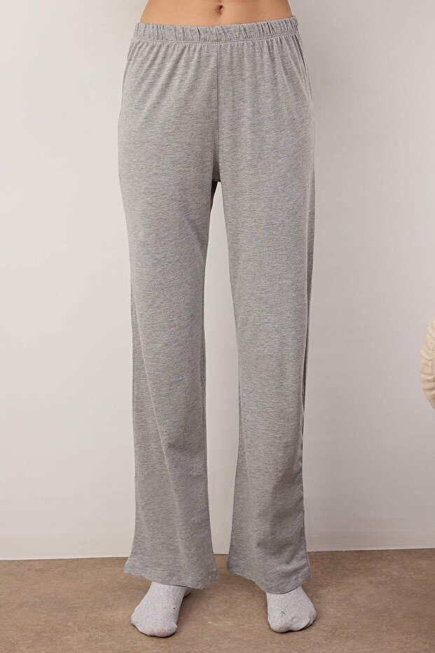 Gri %100 Pamuklu Biye ve Cep Detaylı Baskılı Örme Pijama Takımı THMAW22PT0785 - 3