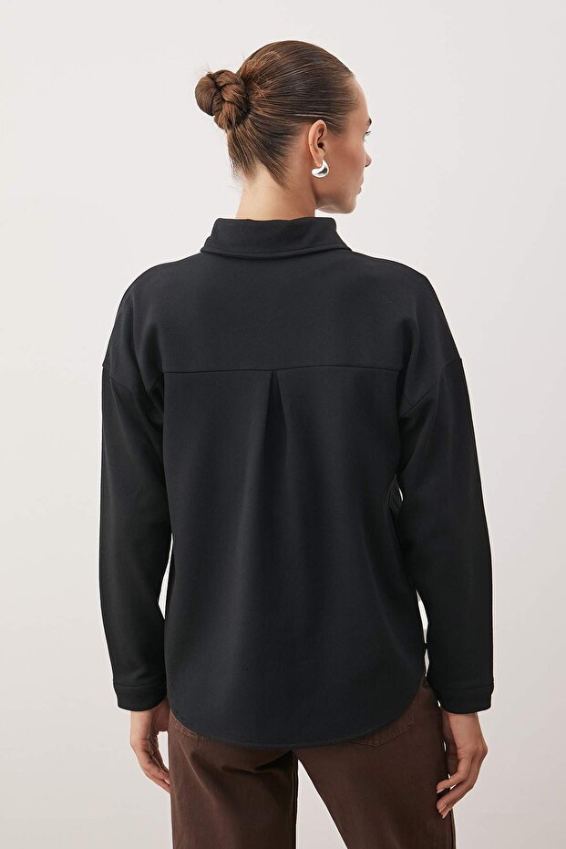 Siyah Selanik Polo Yaka Düğmeli Oversize Gömlek TWOAW26GO00117 - 4
