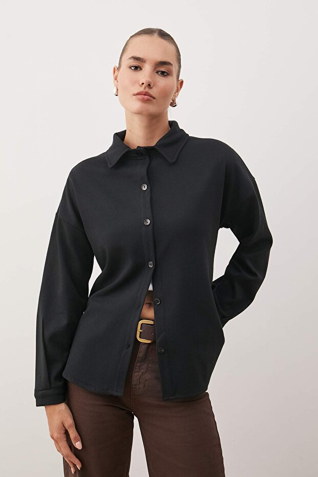 Siyah Selanik Polo Yaka Düğmeli Oversize Gömlek TWOAW26GO00117 - 1