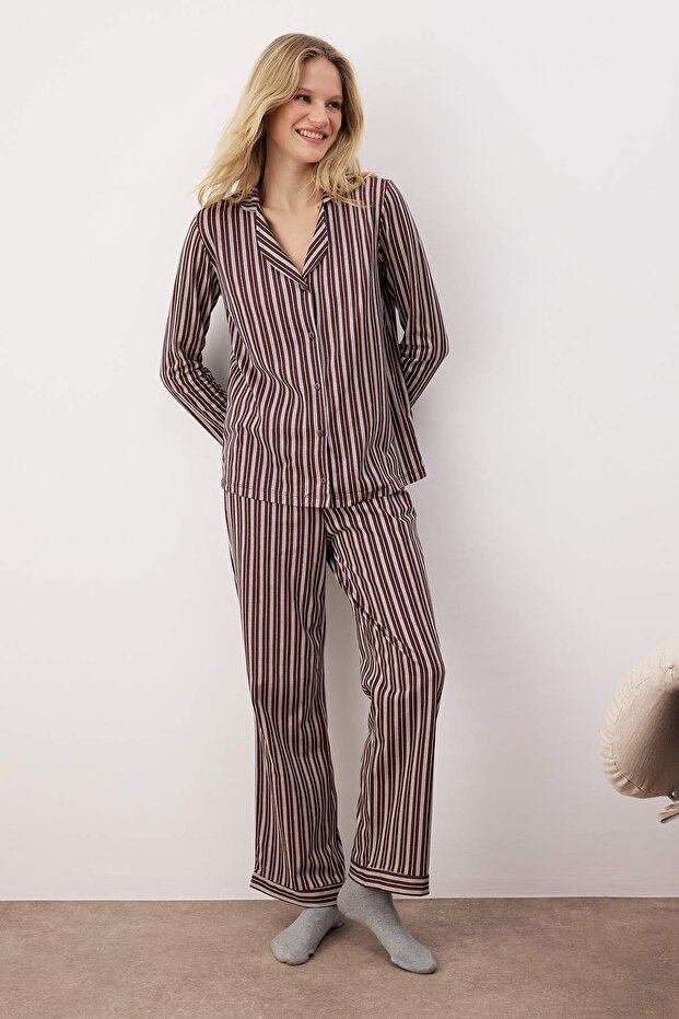Kahverengi %100 Pamuklu Çizgili Gömlek-Pantolon Örme Pijama Takımı THMAW24PT00144 - 2