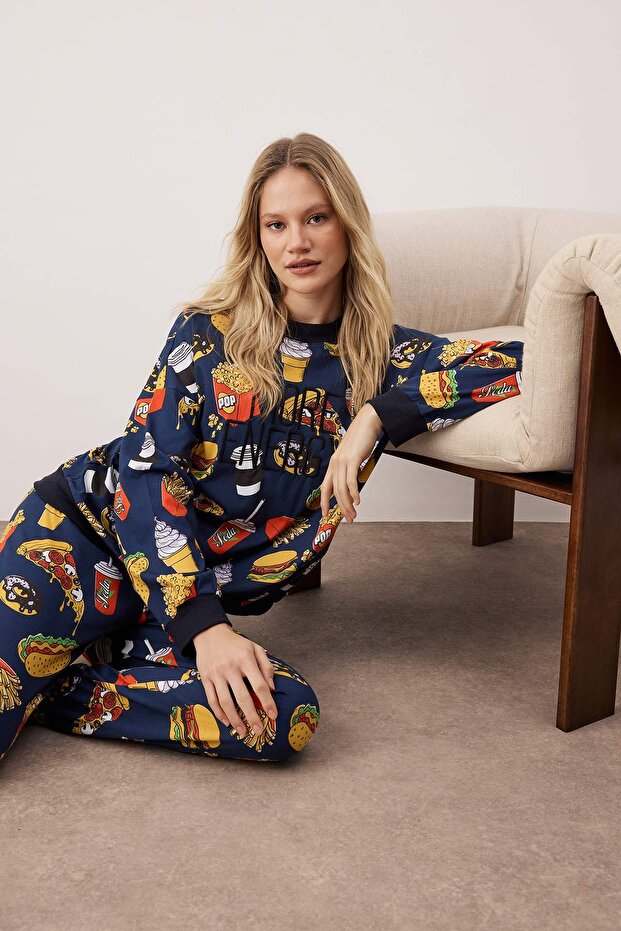 Vícebarevná 100% bavlna Slogan Vyšívaný vzorovaný pletený pyžamový set THMAW23PT00064 - 2