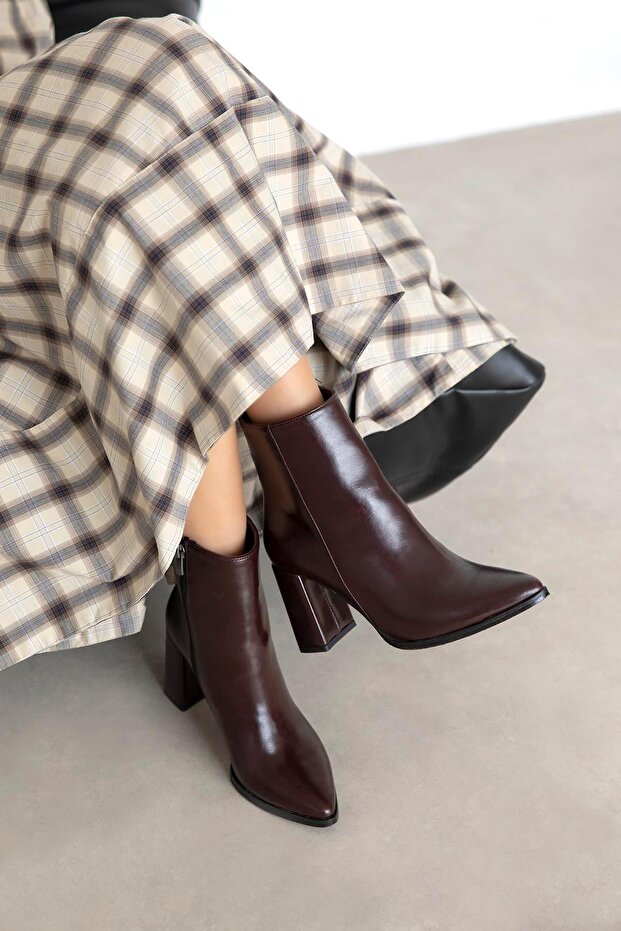 Fergal Women's Heeled Wrinkled Leather Boots Claret Red