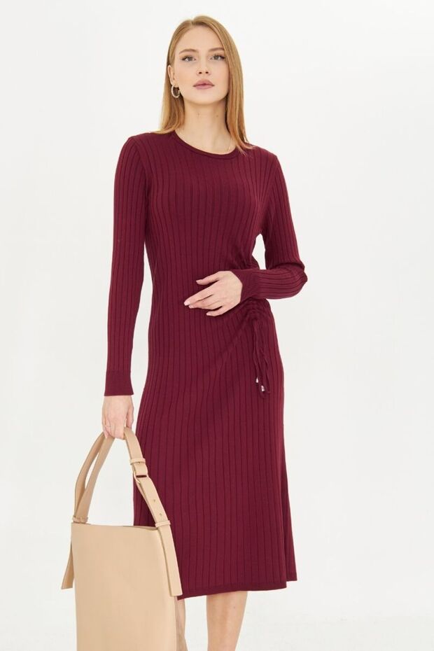 Women's Burgundy Gathered Ribbed Knitwear Dress 29104