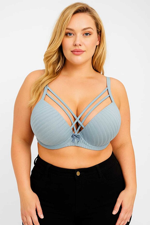 C Cup Wired Smooth Open Grey Bra with Sponge and Hollow Cross Straps