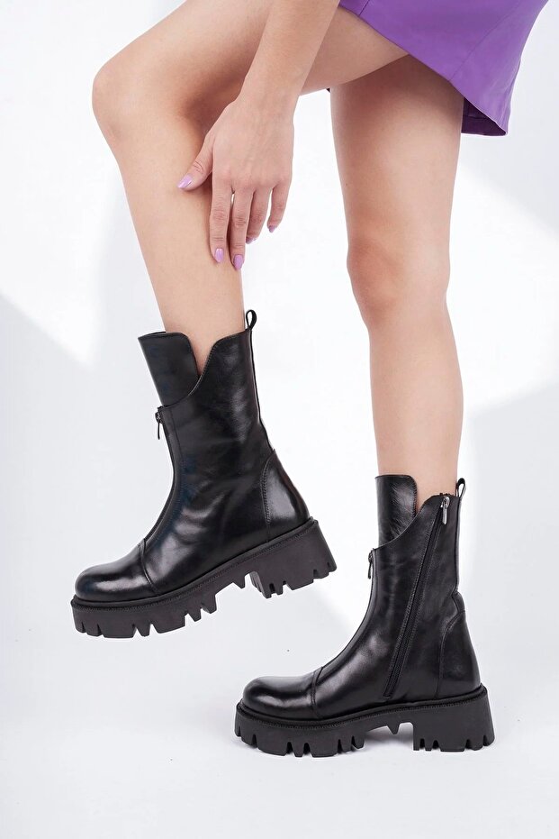 Hakiki Deri Siyah Tırtıklı Platform Taban Deri Bot TRC-3004 - 7