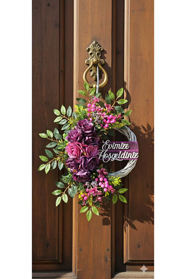 Bambu çelenk Güllü çiçekli tek  kapı süsü - 2