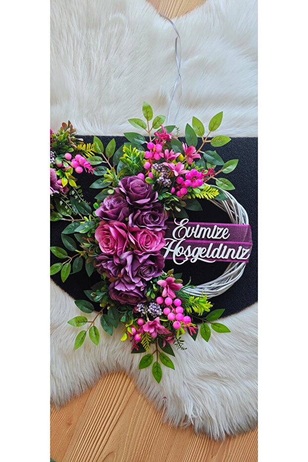 Bambu çelenk Güllü çiçekli tek  kapı süsü - 1