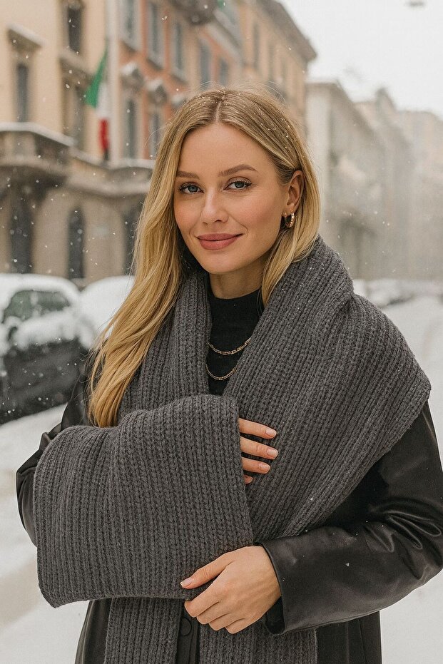 Gray Knitted Thick Women's Shawl - 45X210 cm