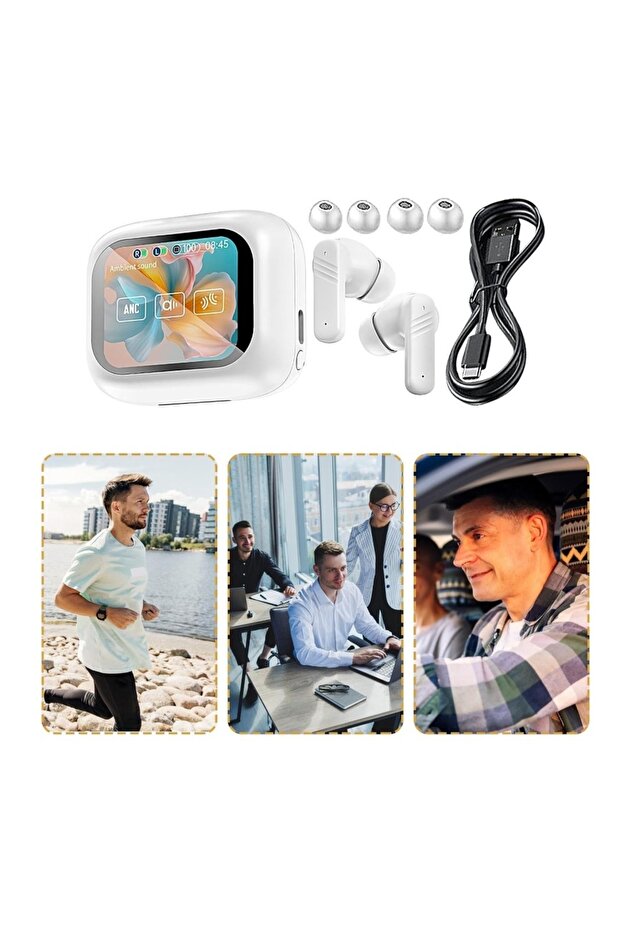 Smart Wireless Earbuds with 2.01" Touch Screen, Bluetooth 5.4, ANC+ENC, 5h - 6