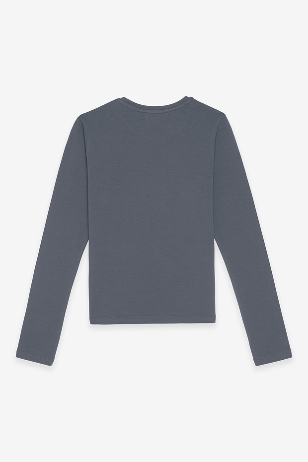 Kadın Yuvarlak Yaka Uzun Kollu Basic Pamuklu Bluz Füme - 2