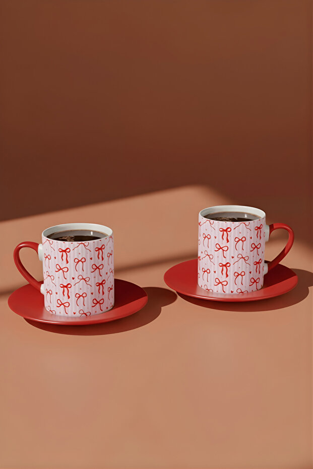 Coquette Ribbon and Heart Patterned 2-Piece Turkish Coffee Cup