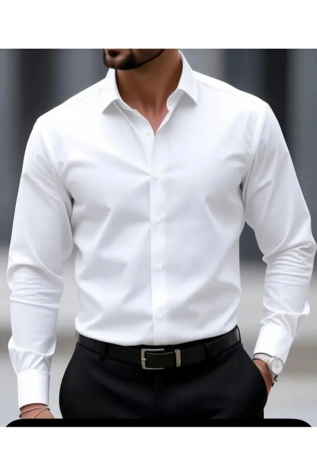 Slim Close-Fitting Iron-On White Dakron Fabric Feature Pocketless Long Sleeve Black Tie with Gift