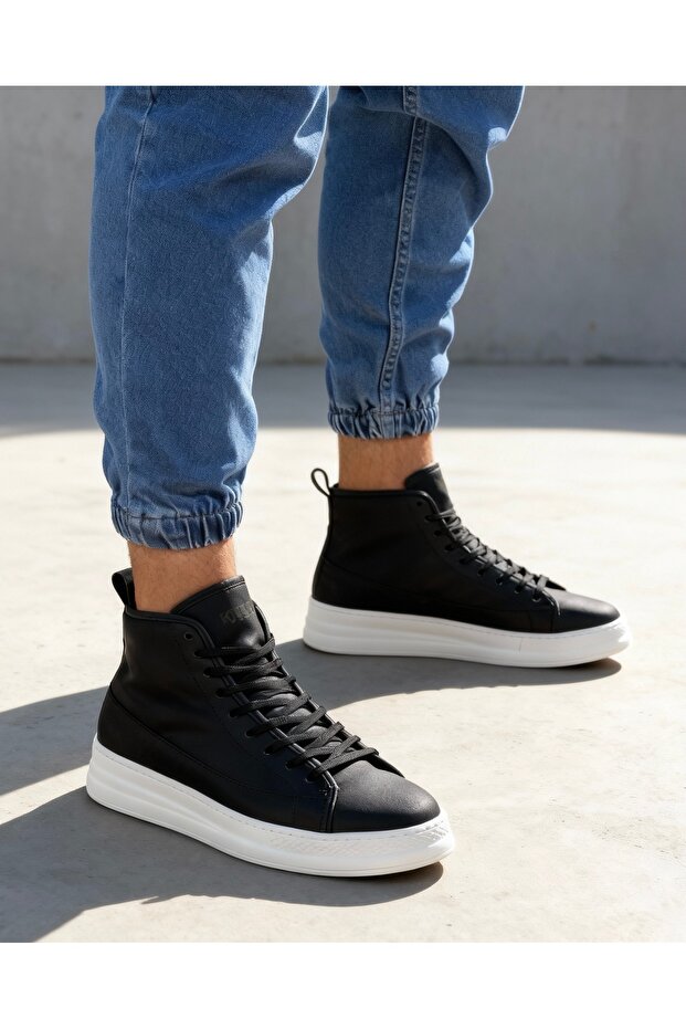 Yüksek Taban Ayakkabı C-030 Siyah (Beyaz Taban) - 1