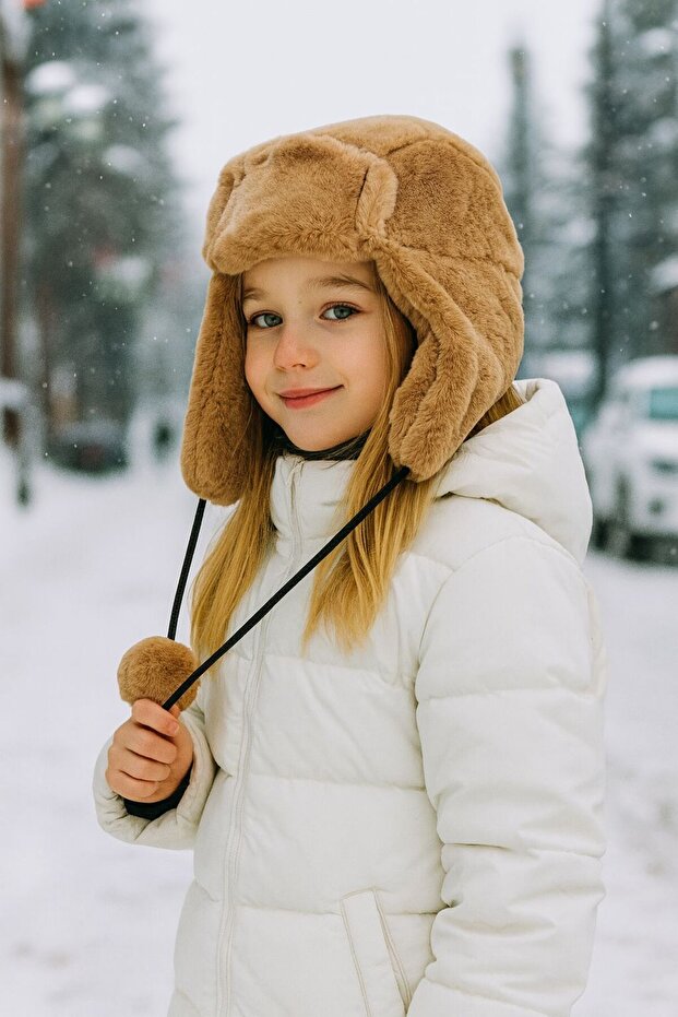 Camel Plush Fur Headband with Earmuffs and Pompom for Girls