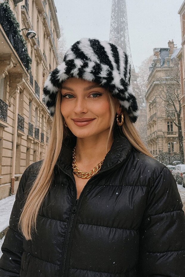 Zebra Patterned Plush Black and White Bucket Hat