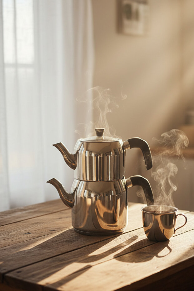 Hanzade Aile Boy Paslanmaz Çelik Çaydanlık – Parlak Gümüş, Ergonomik Saplı, Yüksek Isı Dayanımlı - 5