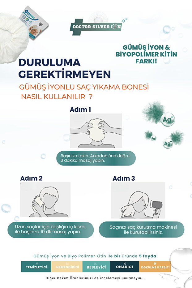 Gümüş İyonlu Saç Yıkama Bonesi 4’lü – Durulama Gerektirmez, Hasta Ve Yatalak Bakım - 7