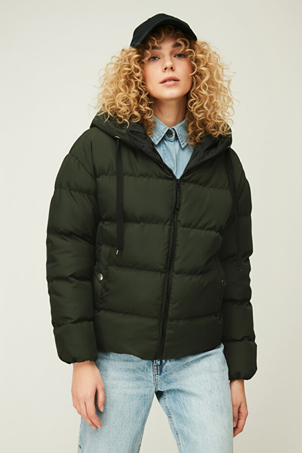 Women's Khaki Hooded Fiber Windproof Puffer Winter Jacket