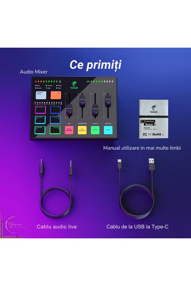 RGB Audio Mixer with Preamplifier, 6.5mm & XLR Inputs, 11 RGB Effects, 6 Voice Modes - 7