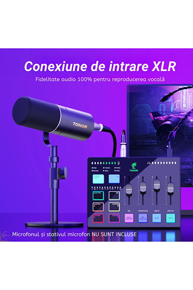 RGB Audio Mixer with Preamplifier, 6.5mm & XLR Inputs, 11 RGB Effects, 6 Voice Modes - 2