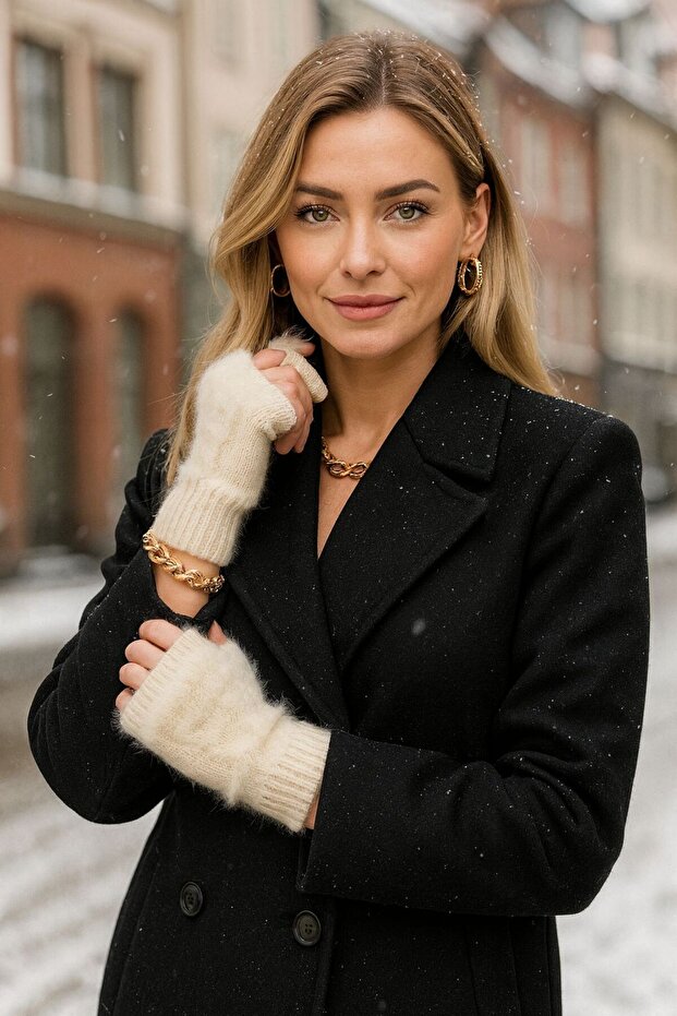 Ekru Kürklü Kadın Eldiven - 1