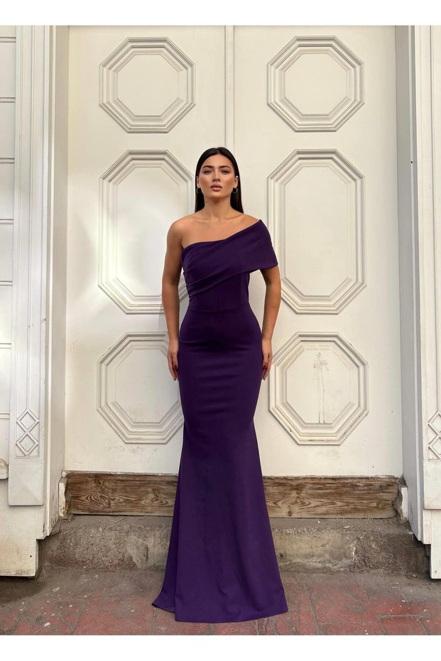 CREPE STRETCH FABRIC DETAIL EVENING DRESS 583338 PURPLE