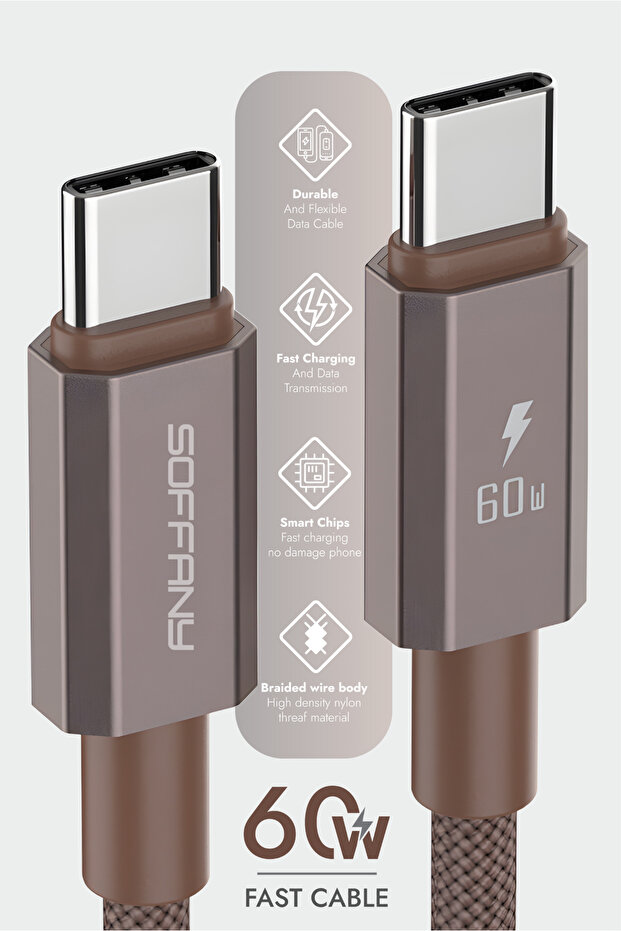 HM560-003 60W Type-C to Type-C Şarj & Data Kablosu Kahverengi - 1