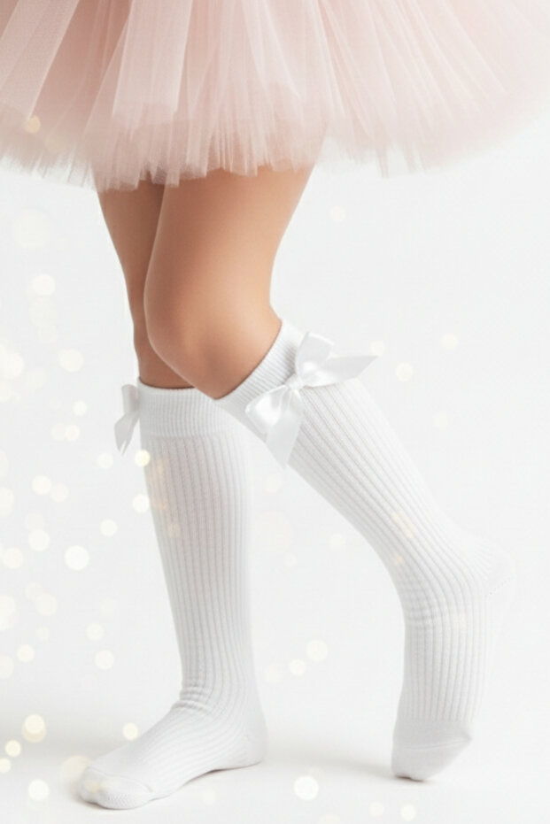 Girl's White Knee-High Socks with Bow Detail