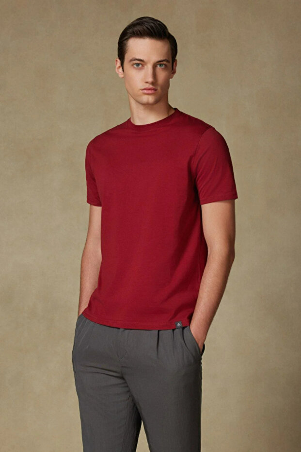Easy Penye Pamuklu Comfort Fit Bordo Bisiklet Yaka Erkek Düz T-Shirt - 7