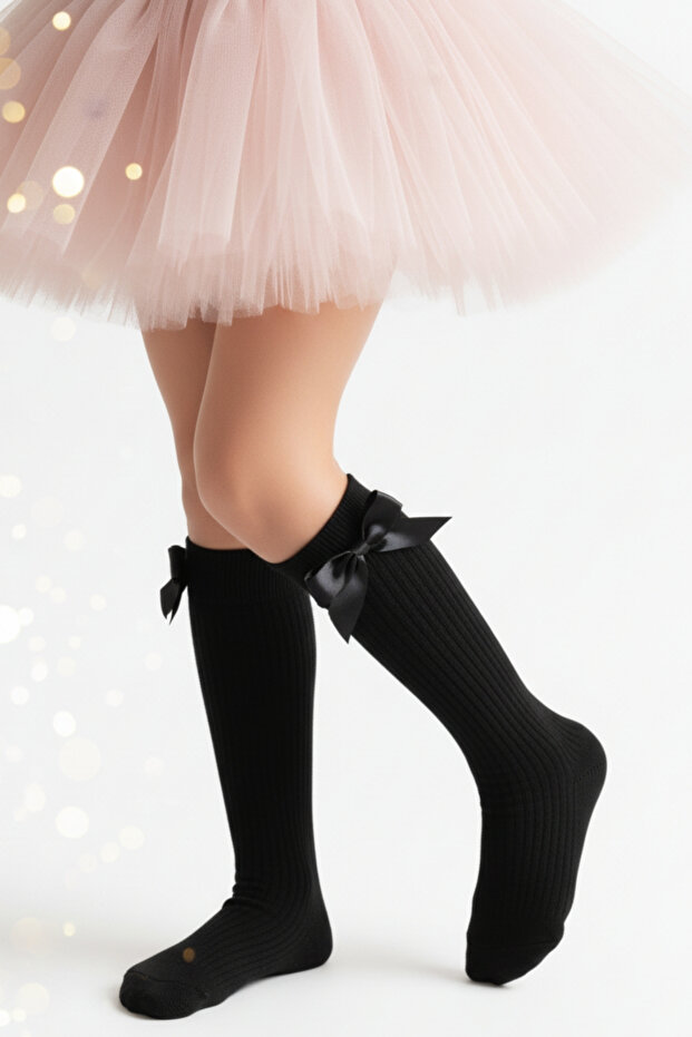 Girl's Bow Detailed Knee High Socks / Black Ar-0090.2