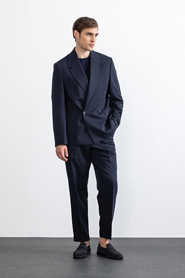 Navy Blue Relax Fit Double Breasted Closure Men's Tech Blazer Jacket