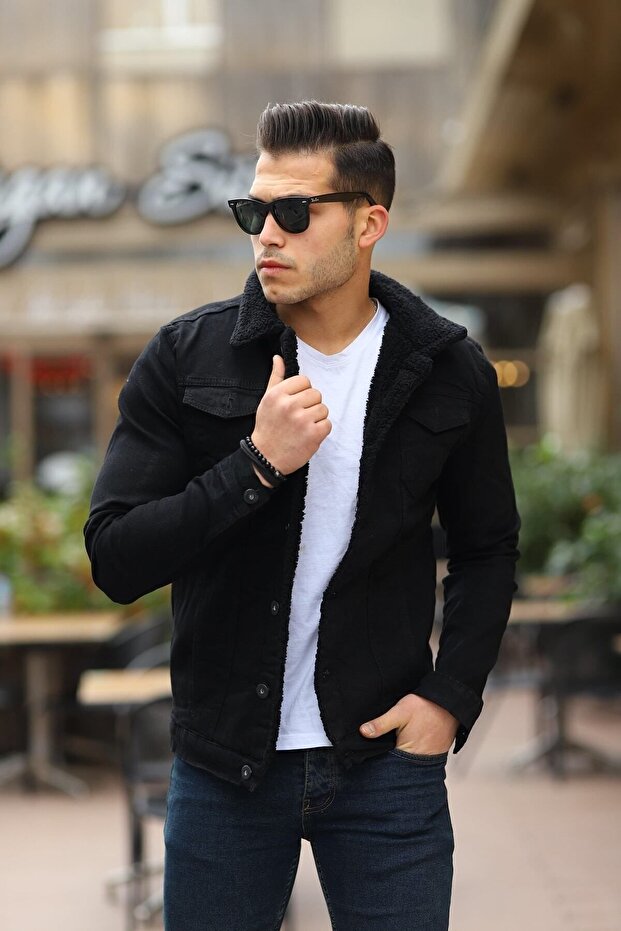 Men's Fur Lined Denim Jacket - 4