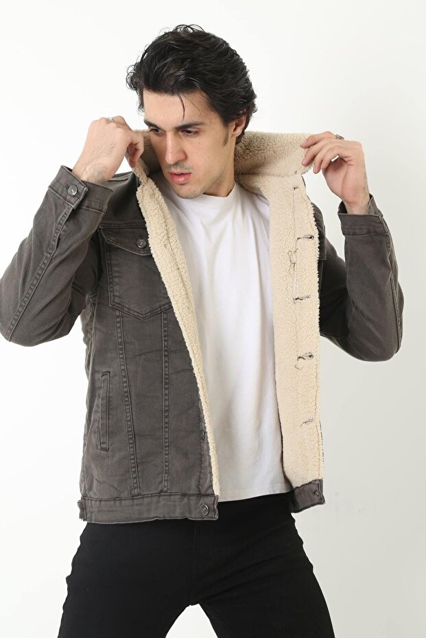 Men's Fur Lined Denim Jacket - 1