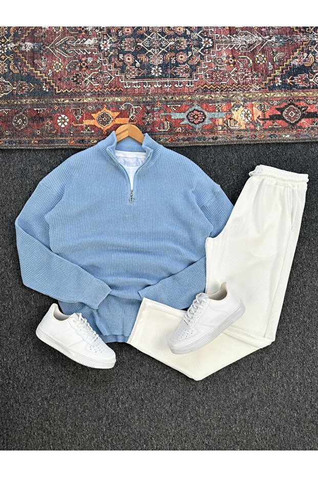 Selanik Knit Stand Collar Half-Zip Sweater and Ottoman Fabric Trousers 2-Piece Set