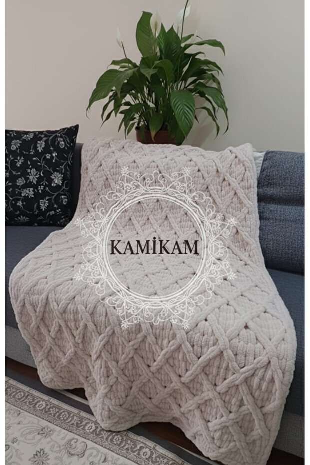 100X150 Plush Velvet Tv Blanket - Soft Alize Hand Knitted, Sofa Shawl Gift