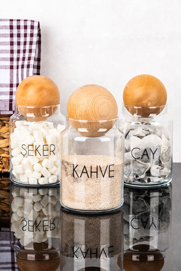 3 Pieces Wooden Ball Lid Transparent Labeled Tea & Sugar & Coffee Storage Container Jar 800 ml