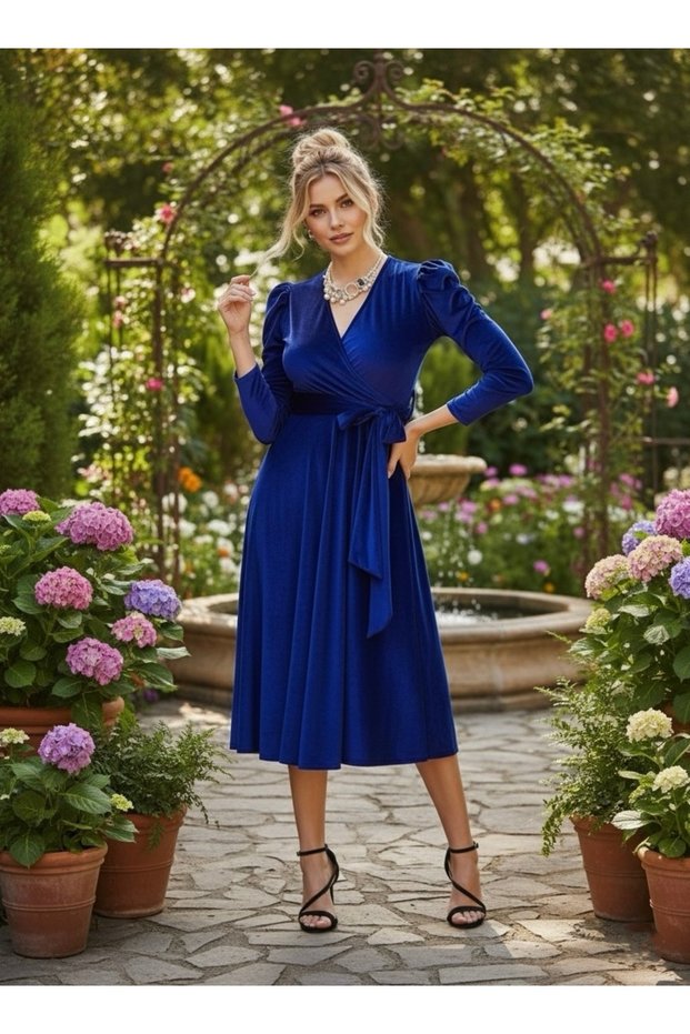 Watermelon Sleeve Double Breasted Velvet Belted Dress