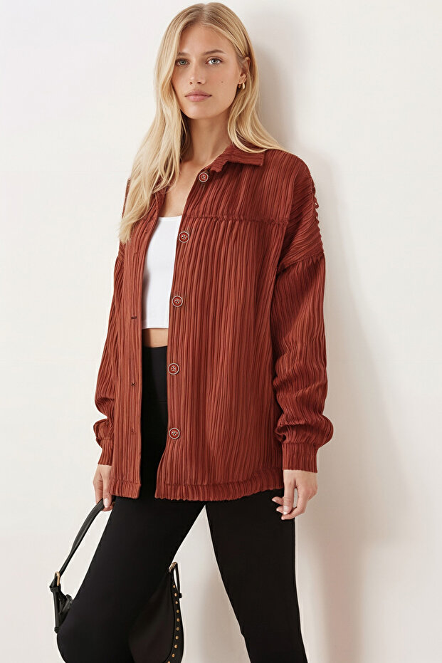 Women's Brick Quilted Lined Velvet Jacket with Pockets ARM-24K001062
