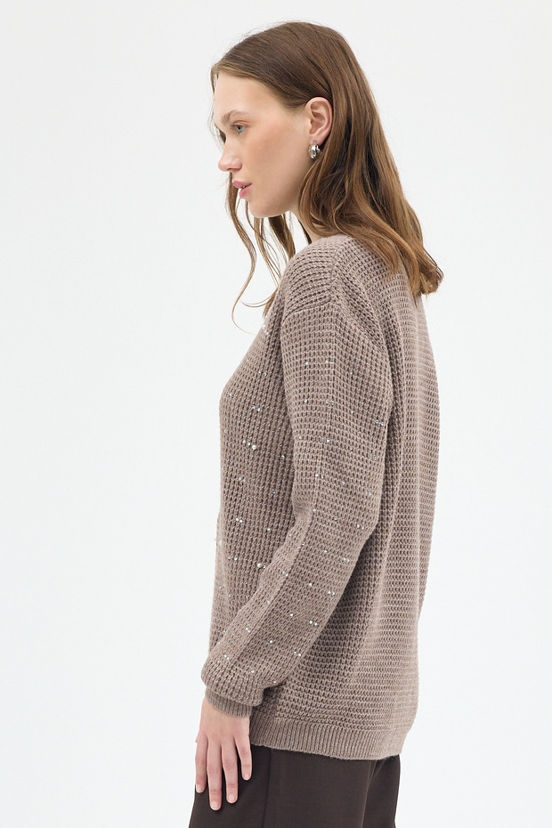 7045 Kol Örgü Detay Taşlı Kazak Koyu Vizon - 6