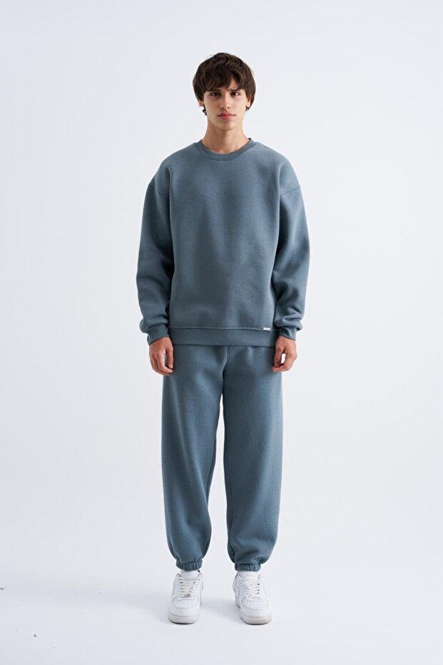 Erkek Basic Bisiklet Yaka Oversize Mavi Sweatshirt - 3