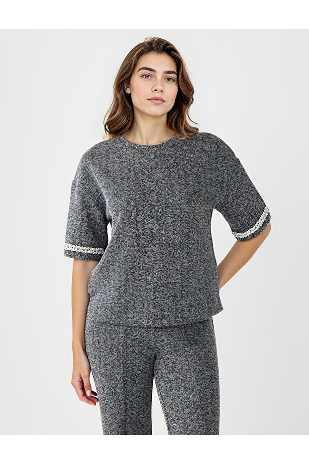 Anthracite Melange Crew Neck Knitted T-Shirt with Bead Detail at the Cuff